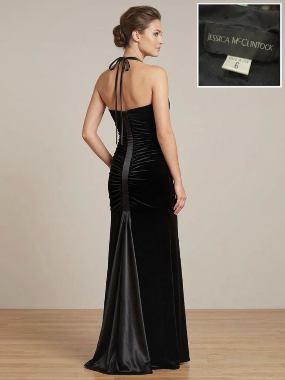 Jessica McClintock Black Velvet Backless Halter Gown